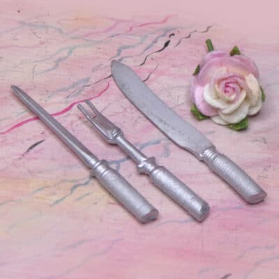 Miniature forskærersæt, m kniv, stegegaffel og strygestål